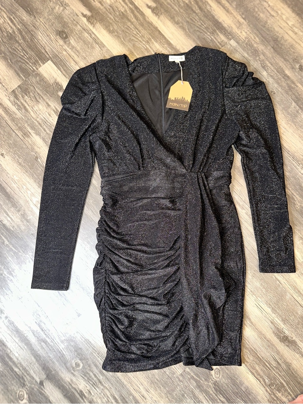 Main Strip Black Metallic Ruched Bodycon Mini Dress Size L NWT